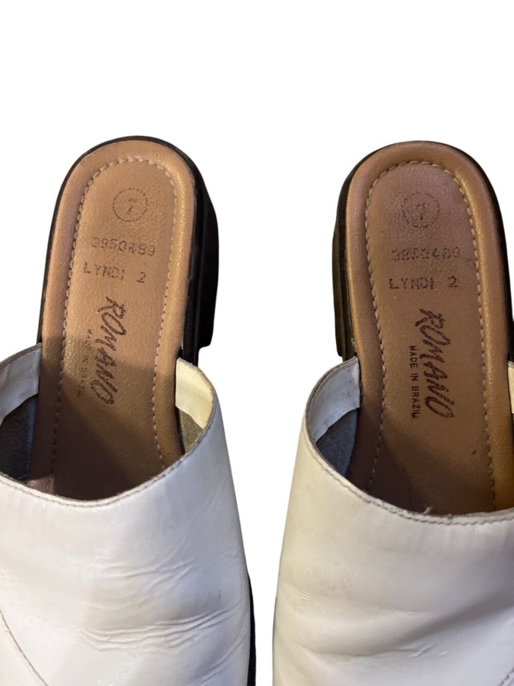Vintage Romano White Leather Crossover Slide Sandals Block Heel Women's 7 Used - Picture 12 of 16